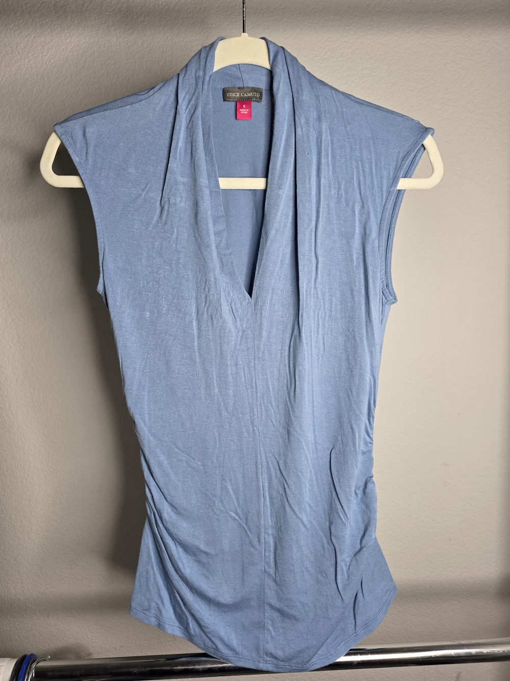 Vince Camuto Steel Blue Ruched Sleeveless V-Neck Top S